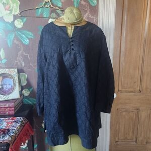 Women’s Linen Tunic Top L Black Embroidered Button Front Boho
